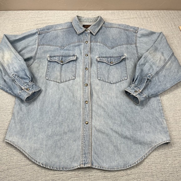 Vintage Eddie‎ Bauer Denim Shirt Size Large Blue Button Up Made In Usa 90s - Picture 1 of 13